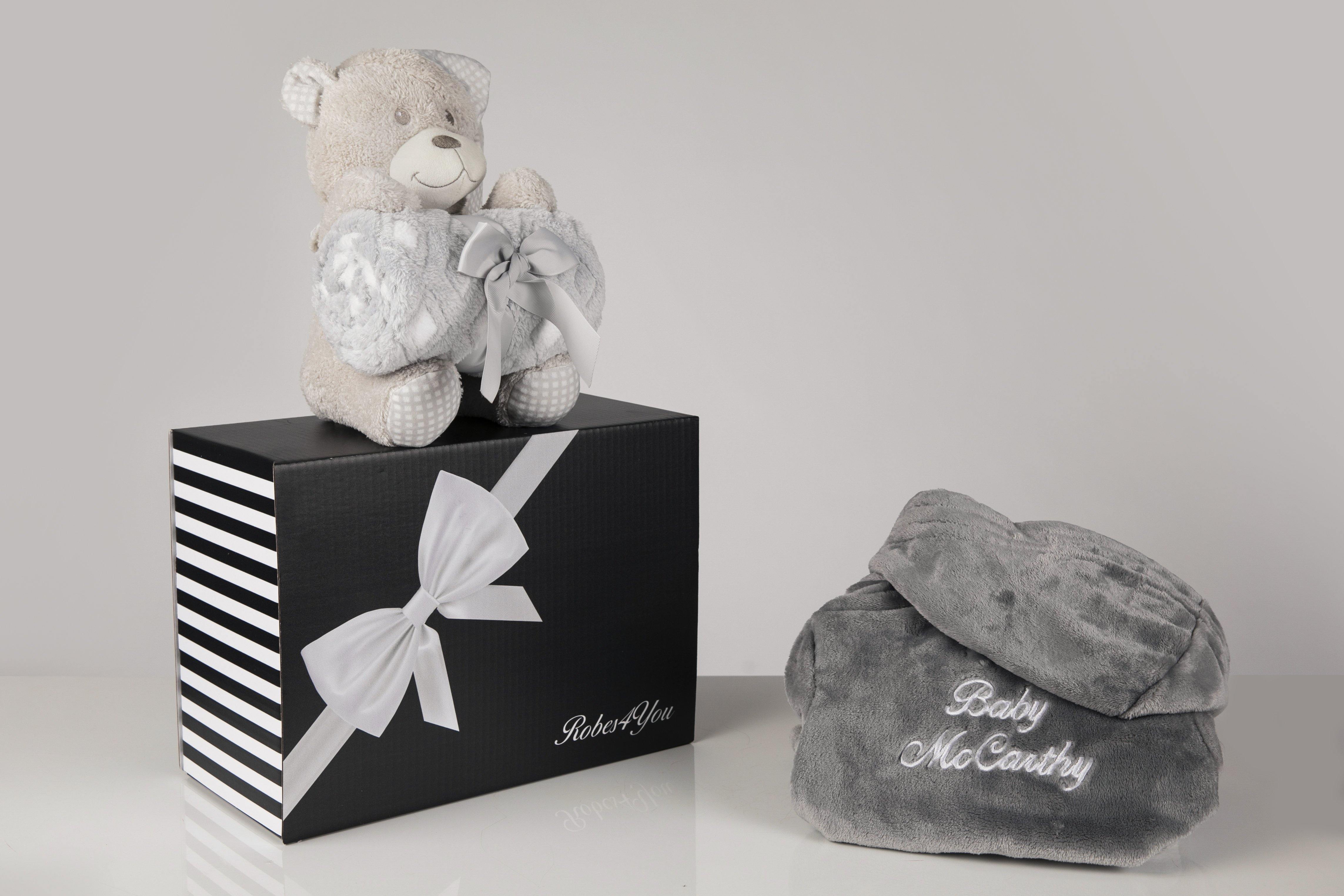 Baby Shower hamper- Personalised Grey fluffy Robe With Blanket & Grey Teddy Gift Set In gift box - Robes 4 You