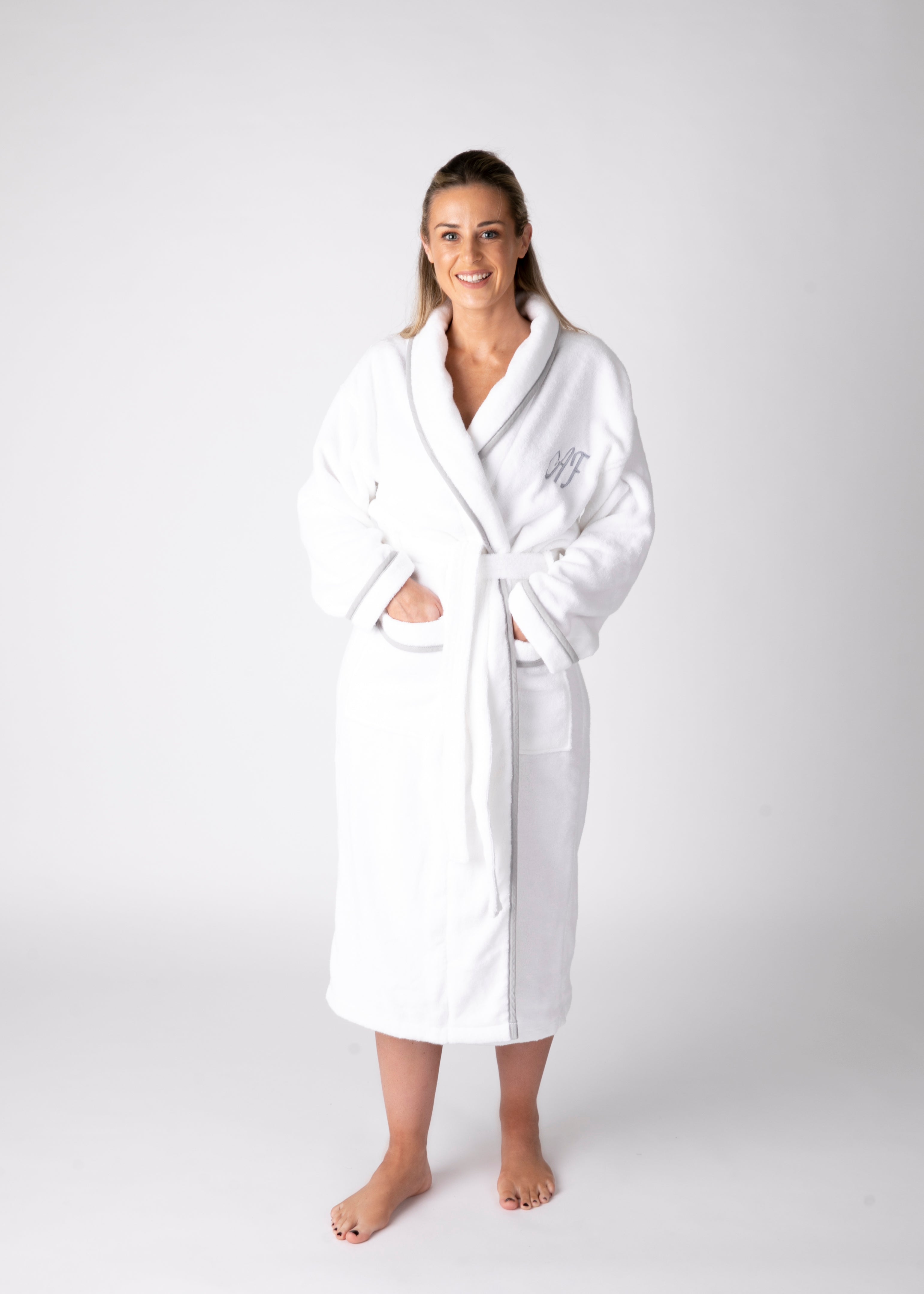 Womans personalised towelling robe with grey trim-Robes4you 