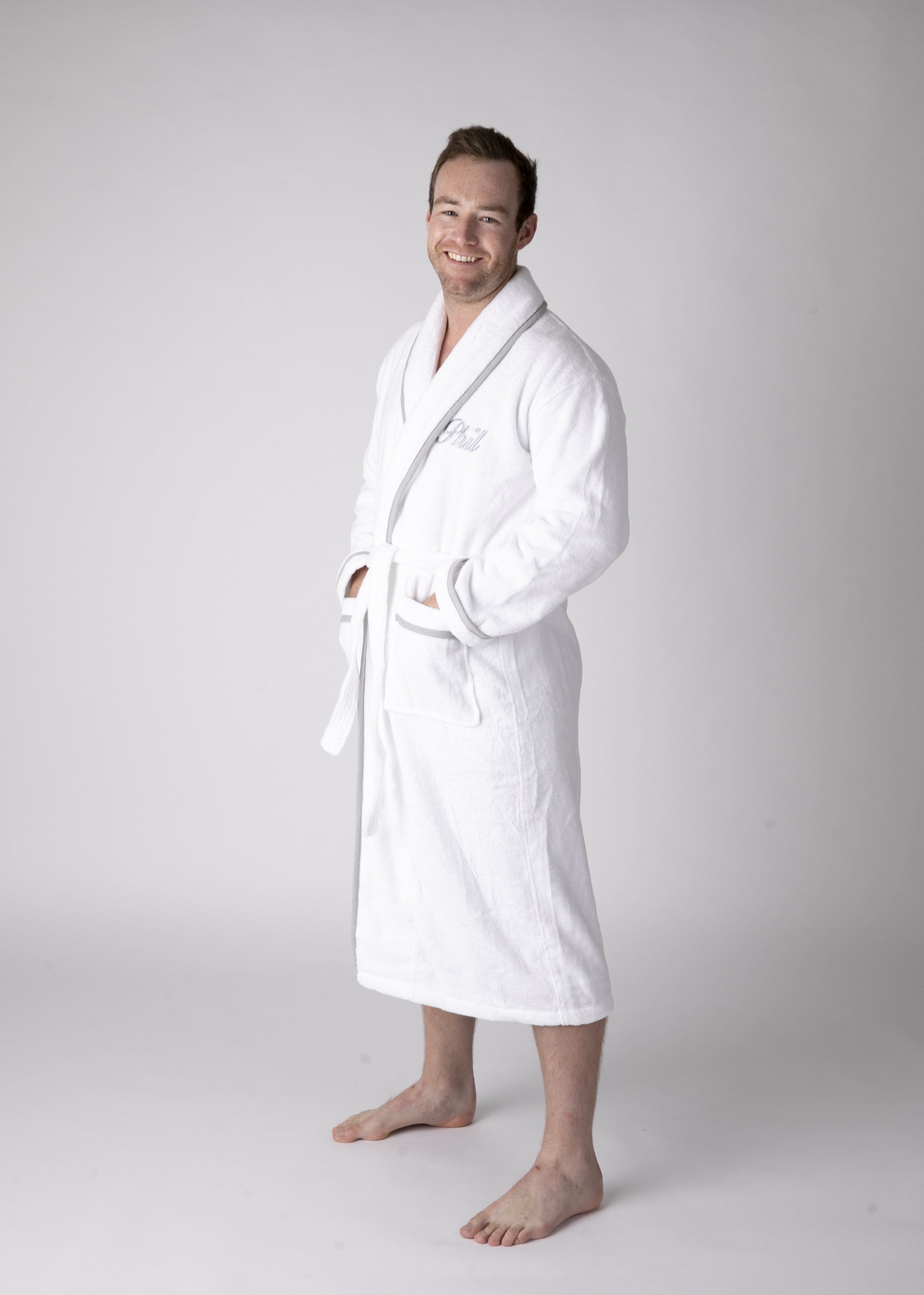 Mens Soft Luxurious Turkish Cotton Towelling Hamper Robe with Grey trim  hamper Gift Boxed with Funky Socks and chocolates