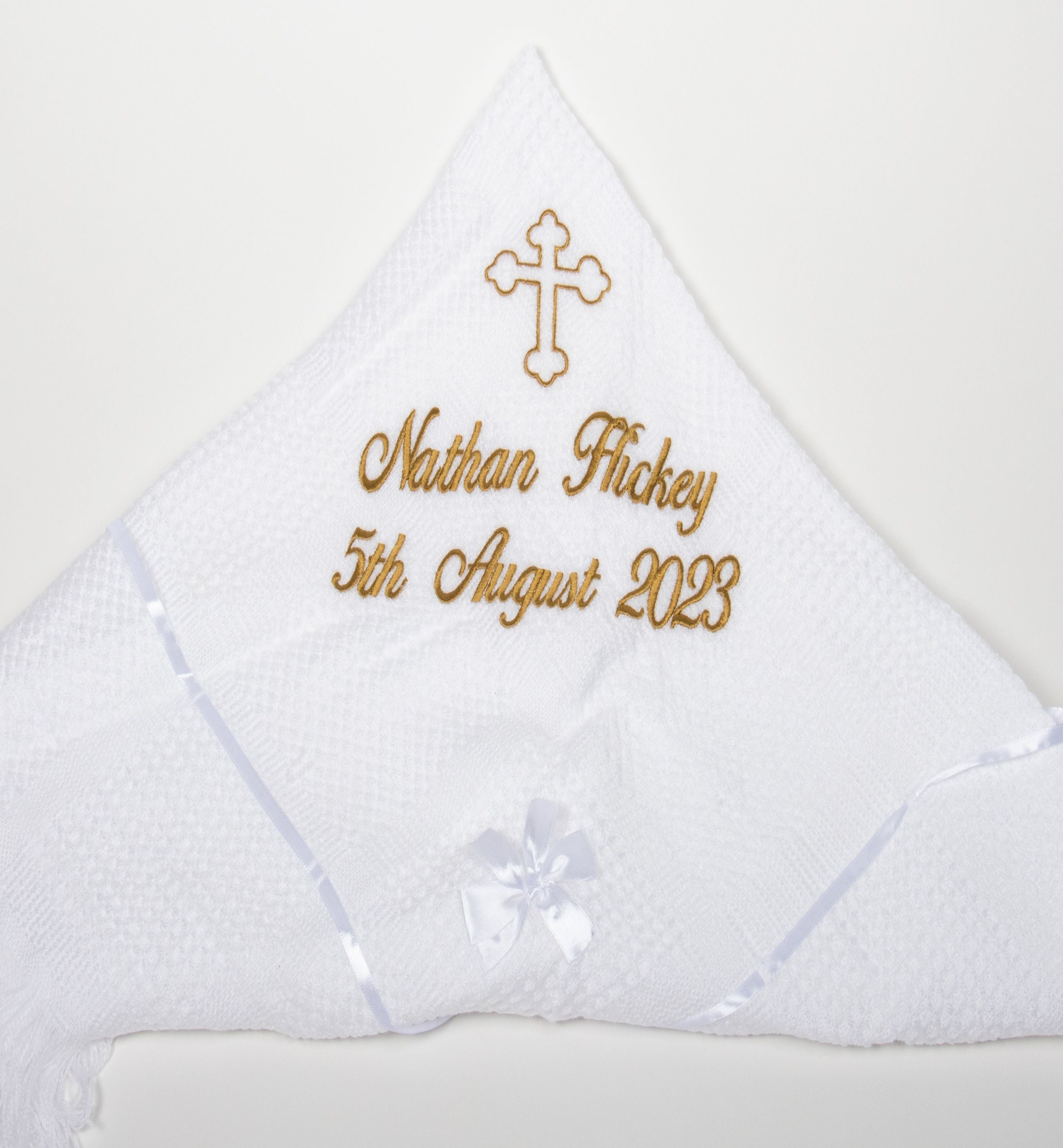 White Christening Shawl in Gold with a gold cross