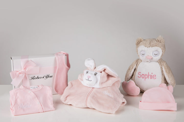 Baby Pink Baby Grow and Cutie all in one Rabbit suit personalised with teddy and presented in a gift box - Robes 4 You