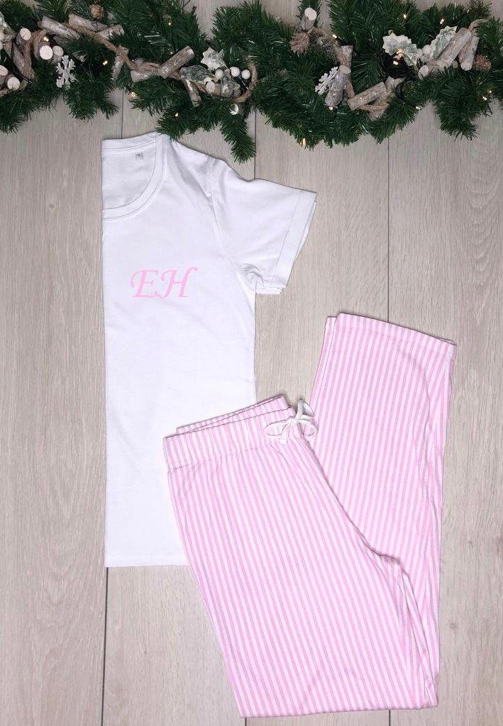 Christmas Pyjamas- Personalised cotton pyjamas - Baby pink and white stripes - Robes 4 You