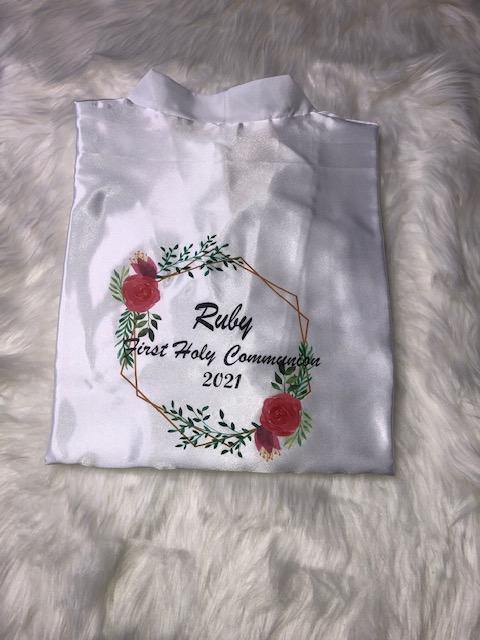 Personalised Communion Satin Robe with flower wreath - Robes 4 You