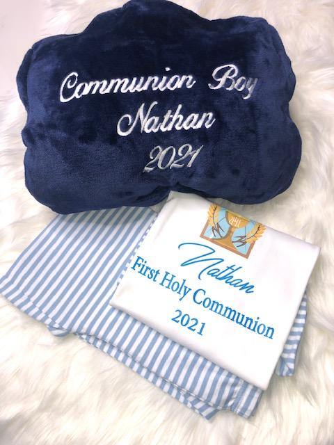 Boys Communion Set-Personalised  Navy Fluffy Robe and Blue Cotton Pyjamas with chalic - Robes 4 You