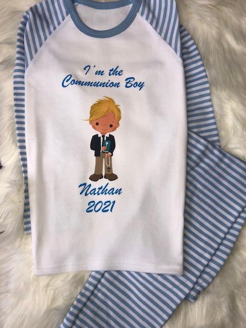 Boys Communion Cotton Blue stripes pjs with little boy - Robes 4 You