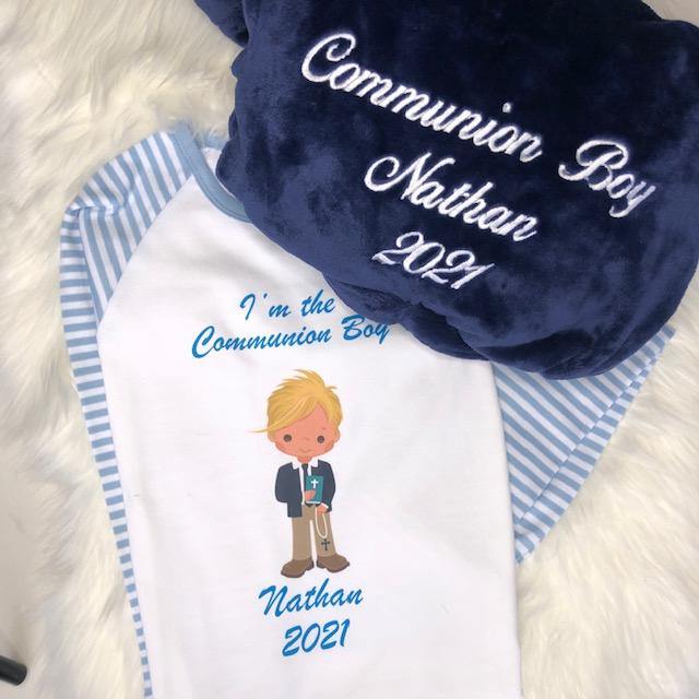 Boys Communion Set-Personalised  Navy Fluffy Robe and Blue Cotton Pyjamas with Boy - Robes 4 You