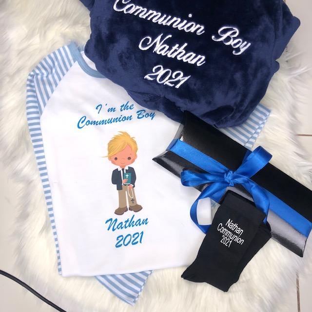Boys Communion hamper  Navy Fluffy Robe and Blue Cotton Pyjamas with Boy  & Socks & Album - Robes 4 You