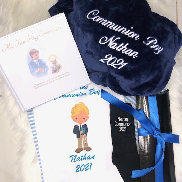 Boys Communion hamper  Navy Fluffy Robe and Blue Cotton Pyjamas with Boy  & Socks & Album - Robes 4 You