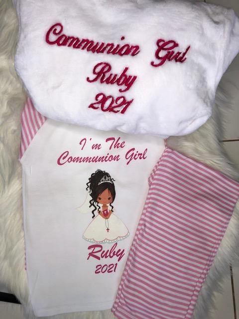 Communion Set-Personalised Fluffy Robe and Cotton Pyjamas with Doll - Robes 4 You