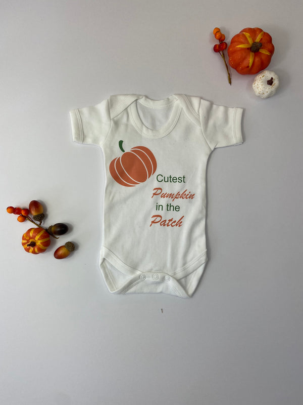 Cutest Pumpkin of the patch Halloween baby vest in green and orange