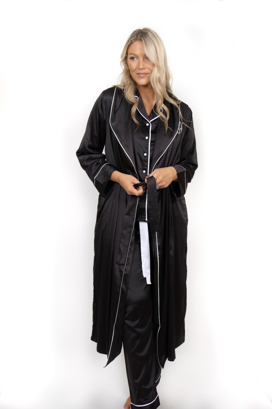 Long luxurious Silky Feel Black / White Satin full length Robe with piping and matching long pjs set