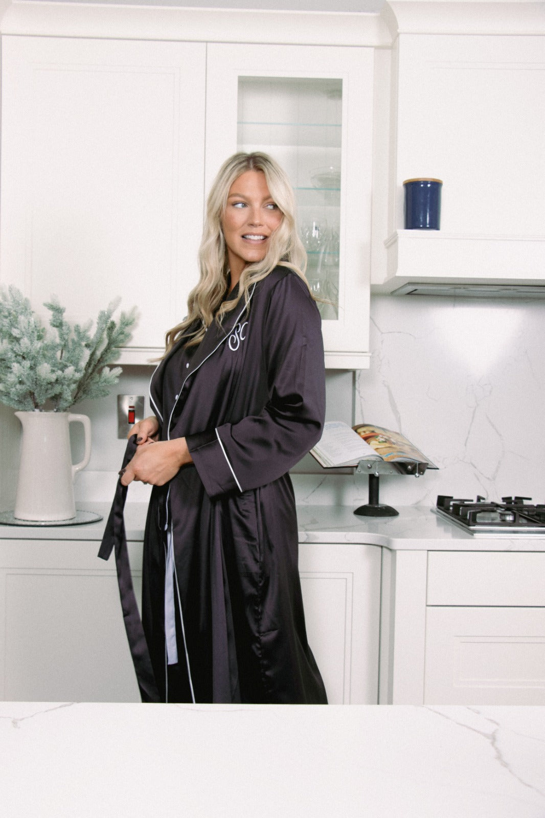 Long luxurious Silky Feel Black Satin full length Robe with piping