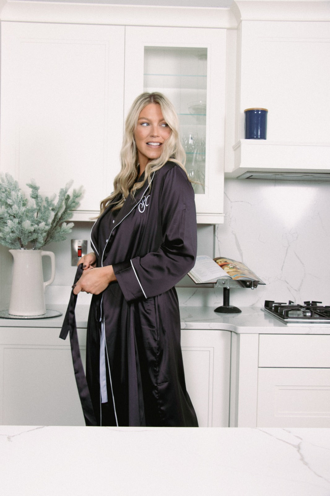 Long luxurious Silky Feel Black / White Satin full length Robe with piping and matching long pjs set