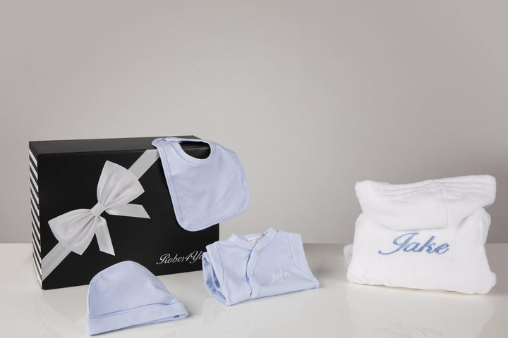 Baby boy gift set- White  Robe and Blue Baby Grow, Hat,Bib Personalised with Gift box - Robes 4 You