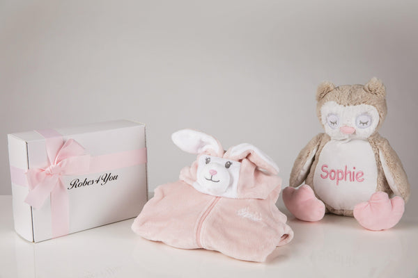 Baby Pink Cutie all in one Rabbit suit personalised with Owl teddy and presented in a gift box - Robes 4 You