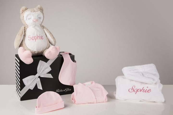 Baby Hamper-White Robe and Pink Baby Grow, Hat,Bib & Owl Teddy Personalised with Gift box - Robes 4 You