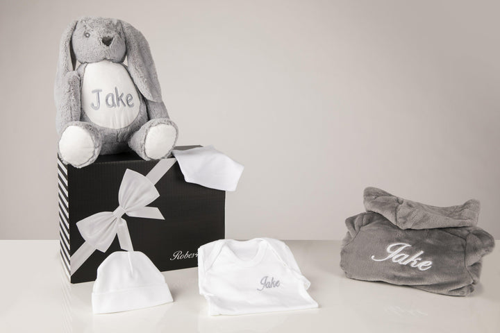 Baby Hamper- Grey personalised robe with white baby grow ,hat,bib with rabbit - Robes 4 You