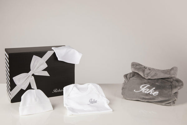 Baby shower - Gift . White & Grey hamper with gift box - Robes 4 You