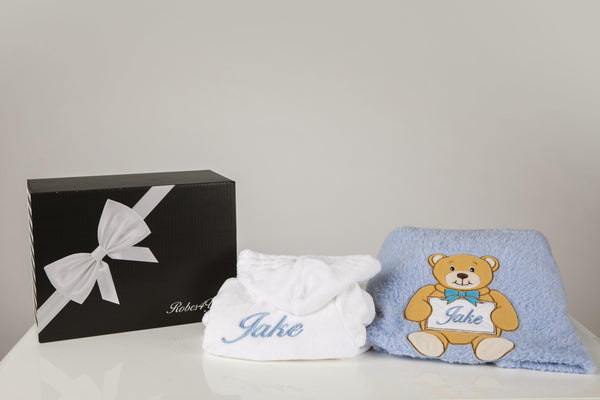 White Baby Robe embroidered with name plate blue blanket with gift box - Robes 4 You