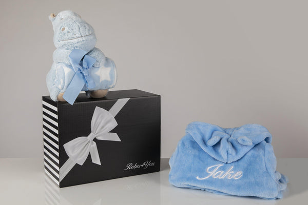 Baby gift hamper- Personalised Blue fluffy Robe With Blanket & Teddy Gift Set In gift box - Robes 4 You