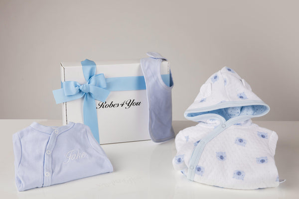 Boys Quilted baby grow and personalised baby grow ,hat & bib giftboxed - Robes 4 You