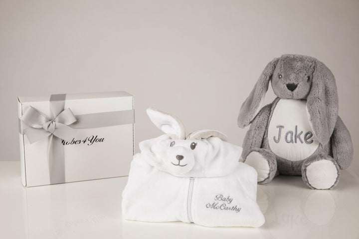 Baby White hamper - Rabbit all in one suit - and teddy all gift boxed - Robes 4 You