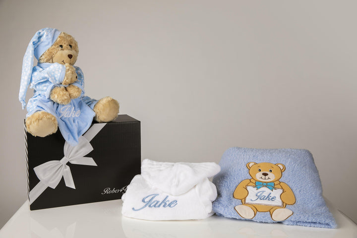 White Baby Robe embroidered with name plate blanket,Teddy & Comfortor  with gift box - Robes 4 You