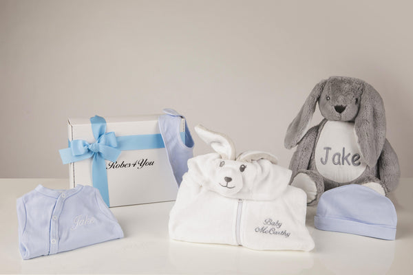 Blue Baby  Grow and Cutie all in one Rabbit suit personalised & Bunny presented in a gift box - Robes 4 You