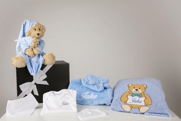 Baby Boy Deluxe Hamper with blue robe presented in a gift box - Robes 4 You