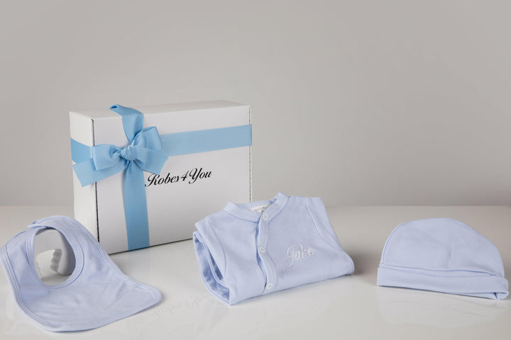 Embroidered Blue Babygrow ,hat,bib - Robes 4 You