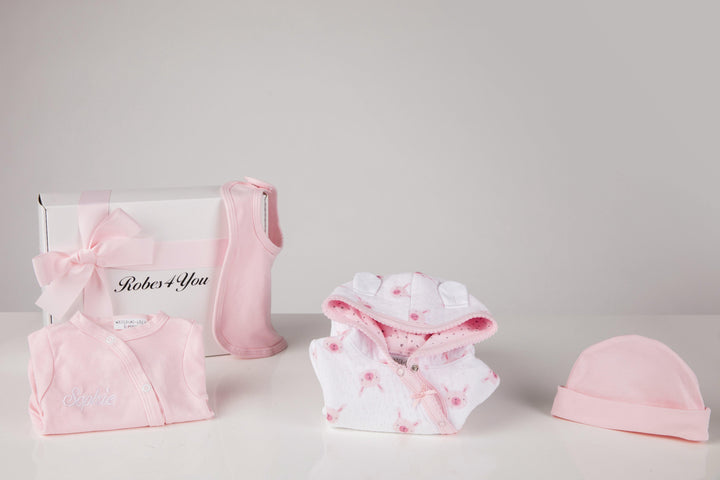 Baby Girls Quilted all in one suit and personalised baby grow ,hat & bib giftboxed - Robes 4 You