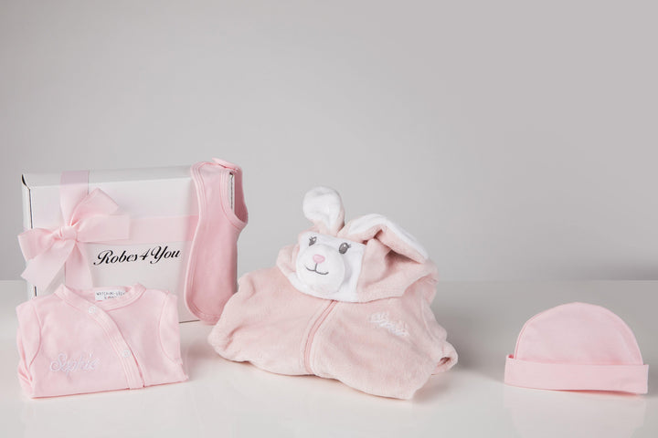 Baby Pink Baby Grow and Cutie all in one Rabbit suit personalised and presented in a gift box - Robes 4 You