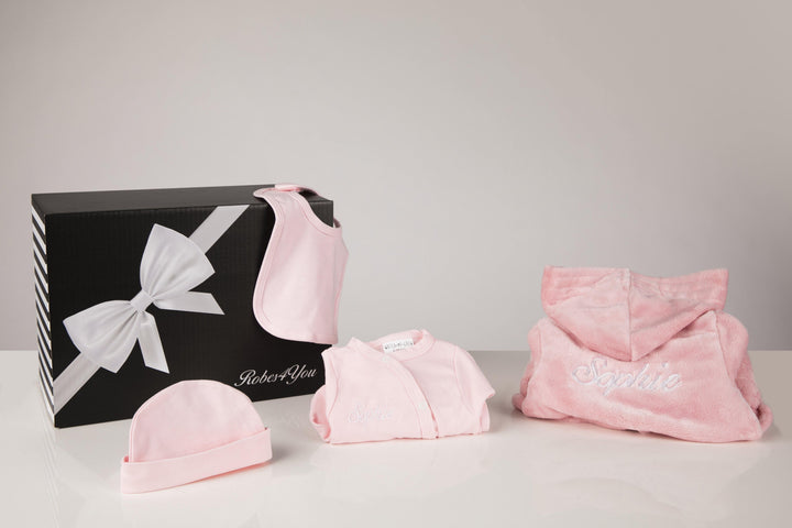 Baby Girl Gift -Pink Robe and Pink Baby Grow, Hat,Bib Personalised with Gift box - Robes 4 You