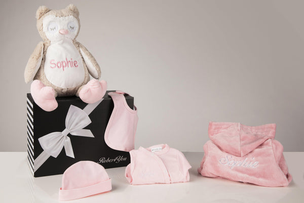 Baby girl hamper- comes with personalised robe, owl teddy and baby grow with bib and hat-Robes4you