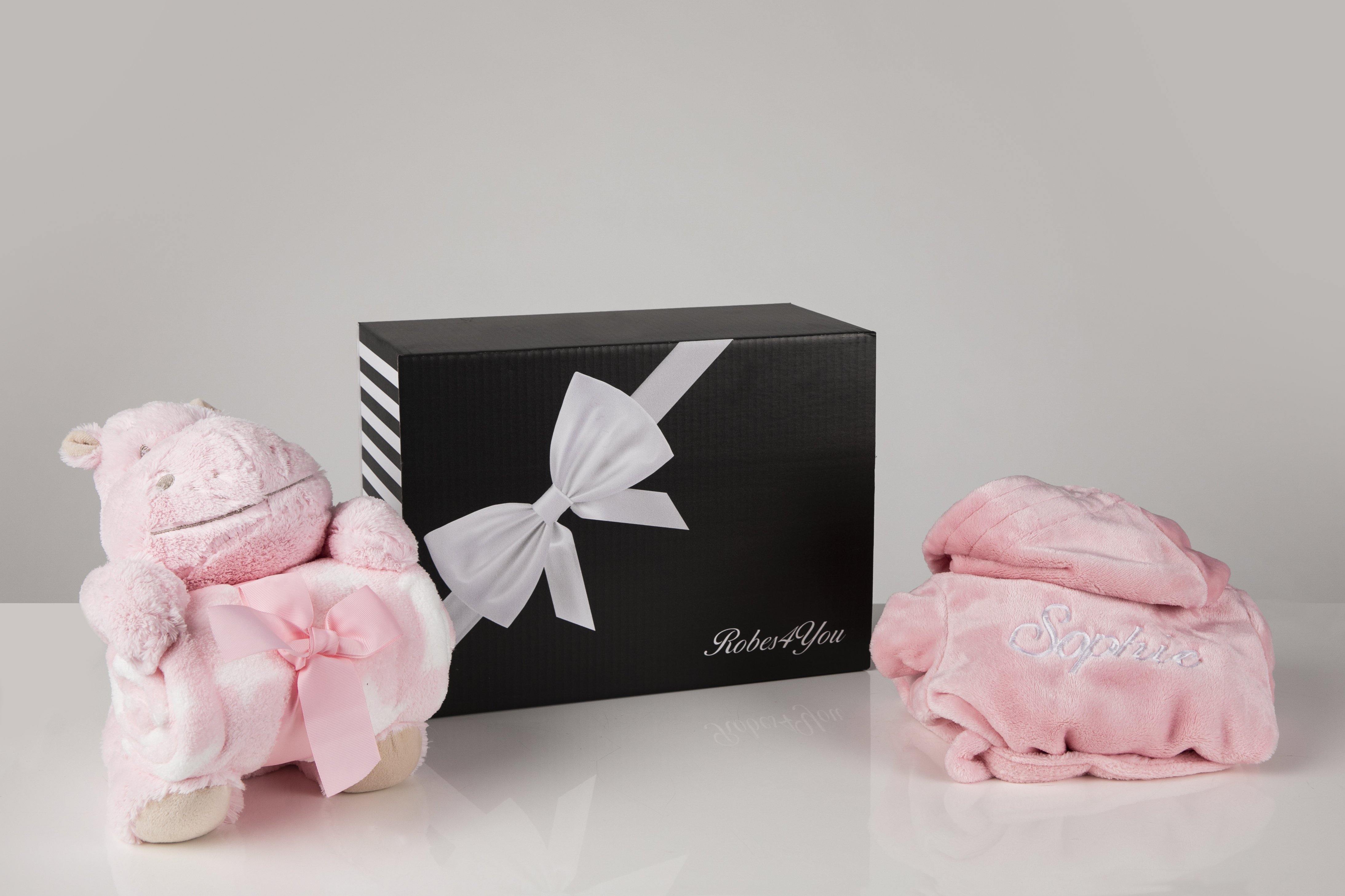 Baby girl hamper - Personalised fluffy Baby Pink Robe with blanket and teddy in a gift box - Robes 4 You
