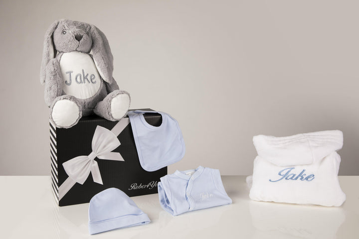 Baby Hamper-White  Robe and Blue Baby Grow, Hat,Bib & Bunny Teddy Personalised with Gift box - Robes 4 You