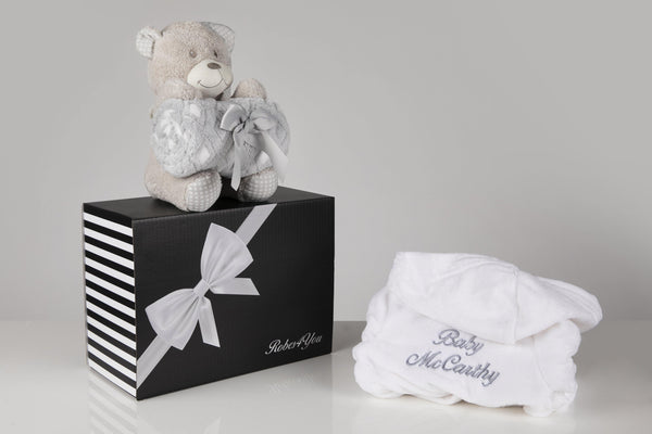 Baby hamper- Personalised White fluffy Robe With Blanket & Grey Teddy Gift Set In gift box - Robes 4 You