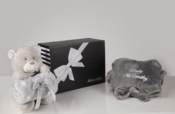 Baby Shower hamper- Personalised Grey fluffy Robe With Blanket & Grey Teddy Gift Set In gift box - Robes 4 You