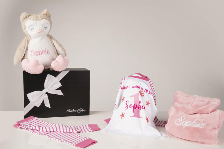 Birthday Girls Infant Hot pink & White  Pyjamas & Fluffy Pink robe with embroidered Owl Teddy - Robes 4 You