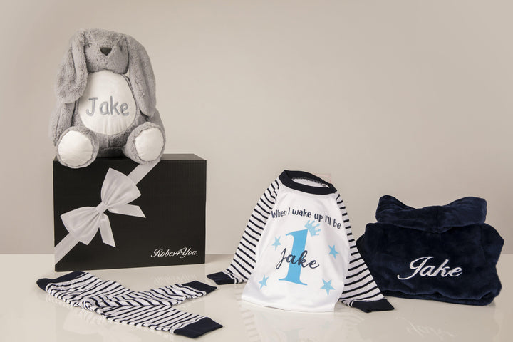 Infant Birthday printed Navy & White pyjamas & Navy  robe with bunny teddy - Robes 4 You