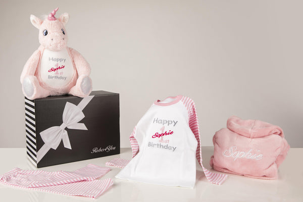 Birthday Girls Embroidered Pyjamas & Fluffy Pink robe & Embroidered Pink Unicorn - Robes 4 You