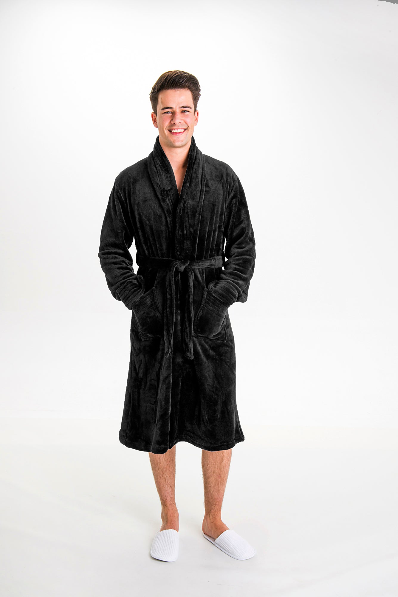Mens luxurious fluffy robe hamper with short pyjamas, socks and chocolates presented in a gift box