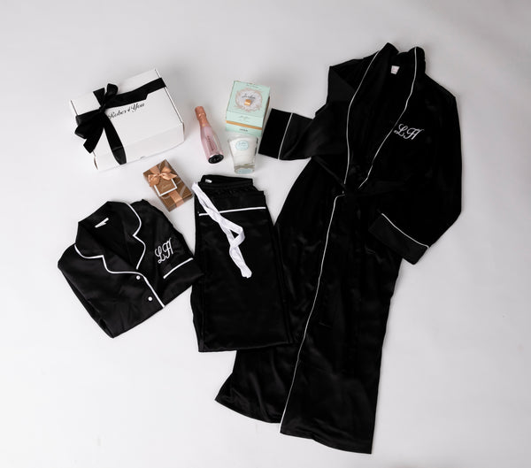 Hamper-Long Black Silky robe with matching Pyjamas with white Piping presented in a gift box with bow