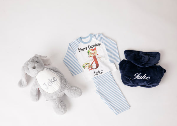 Navy robe with blue and white striped Christmas pyjamas & Teddy Pyjamas Holder & Gift box