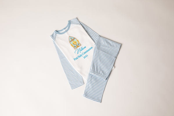 Boys Communion Cotton Blue stripes pjs with Chalice