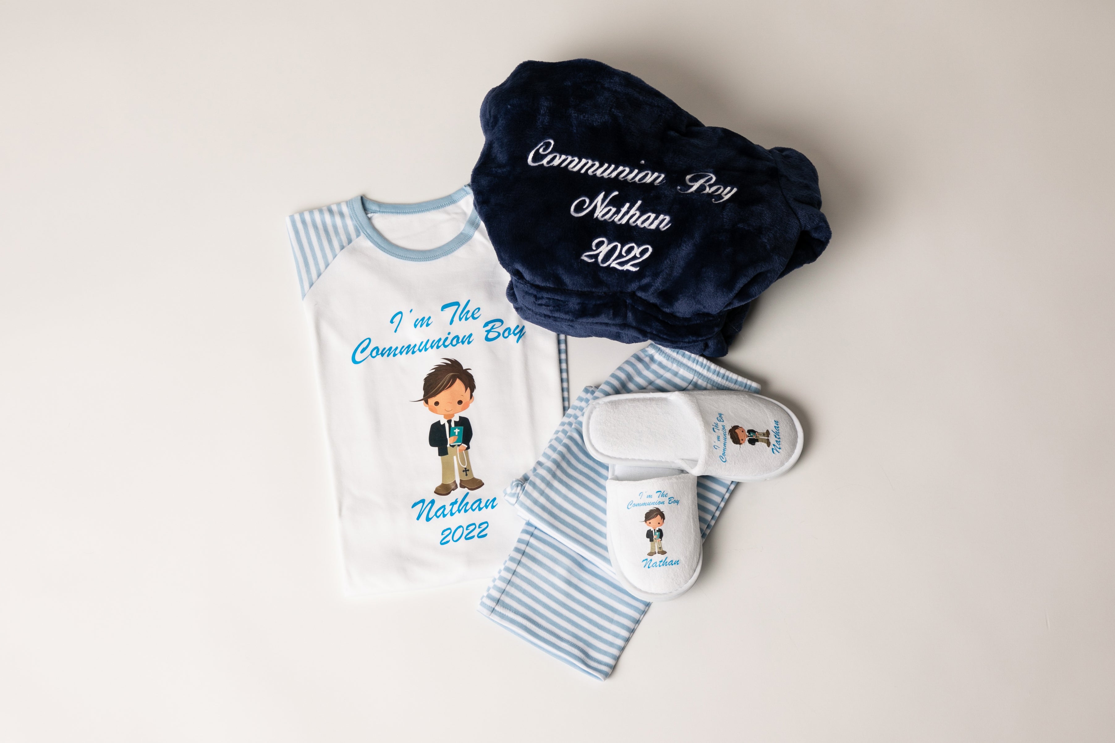 Boys Communion Set-Personalised  Navy Fluffy Robe and Blue Cotton Pyjamas with Boy  & Slippers
