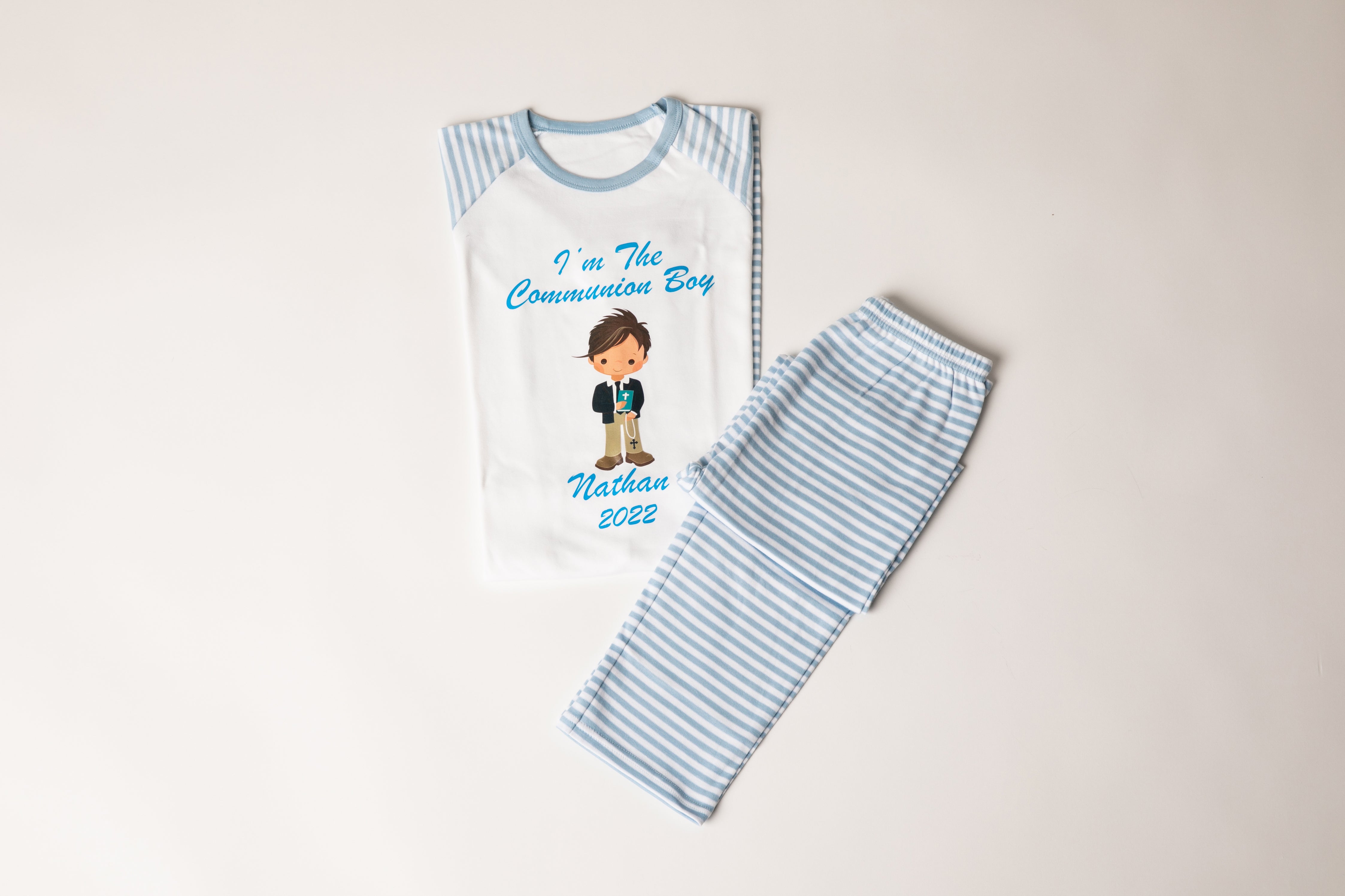 Boys Communion Cotton Blue stripes pjs with little boy character