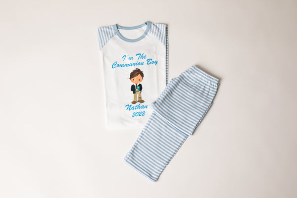 Boys Communion Cotton Blue stripes pjs with little boy character