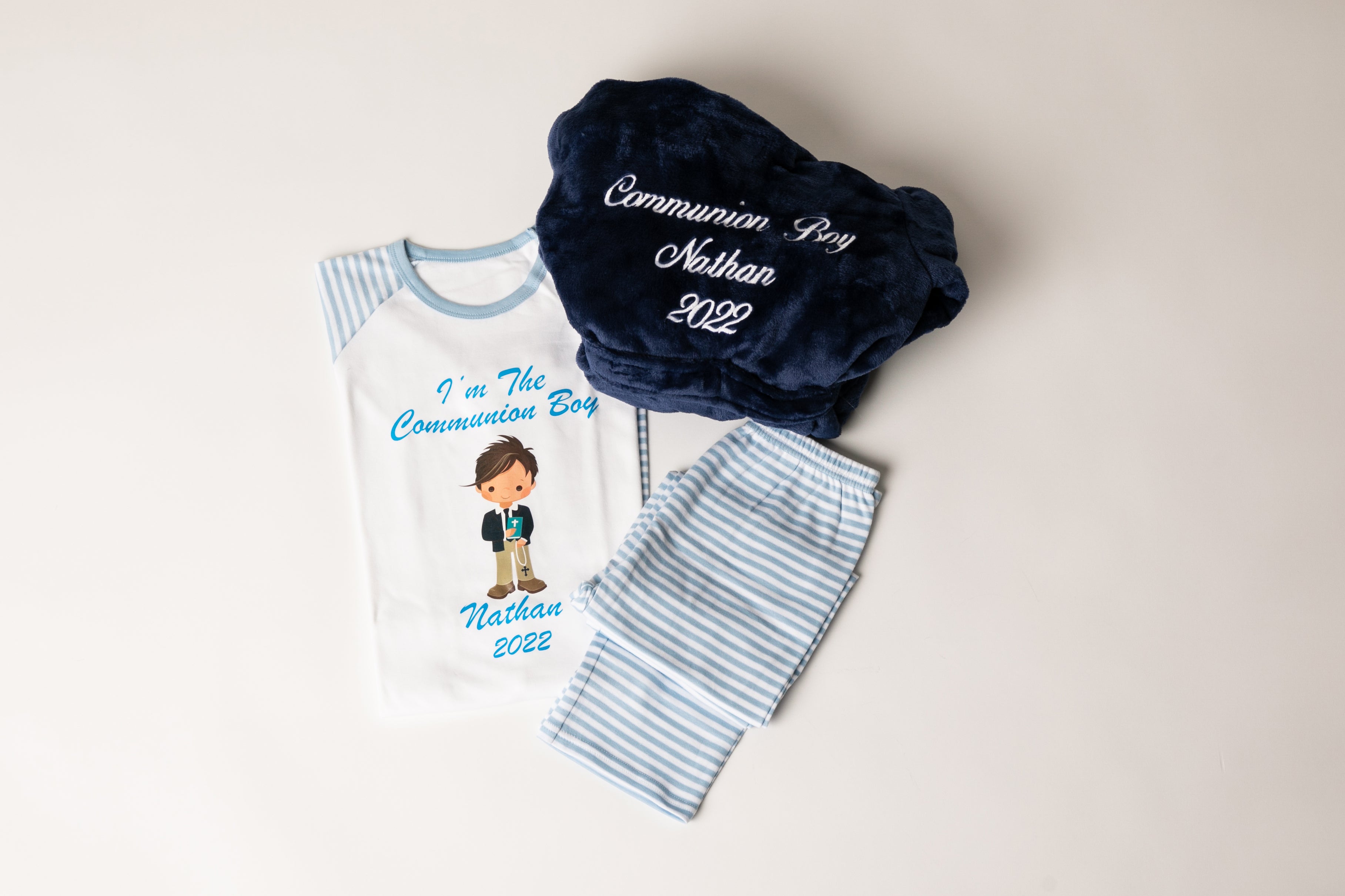 Boys Communion Set-Personalised  Navy Fluffy Robe and Blue Cotton Pyjamas with Boy