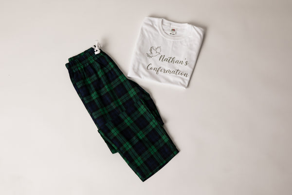 Green and Navy Tartan Boys Confirmation  long cotton Pyjamas